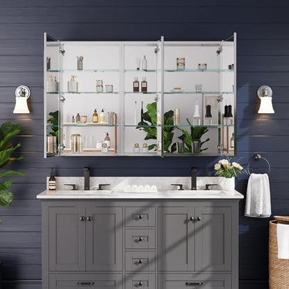 52"x36" Medicine Cabinet with Mirror & Soft Close Hinges, Surface Mount or Recessed Medicine Cabinet with Adjustable Shelves, Bathroom Wall Medicine Cabinet with Storage, Aluminum Alloy Frame, Combo - size: 52" x 36"