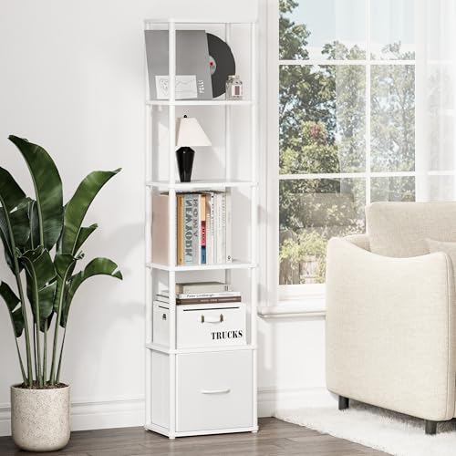 6-Tier Bookshelf Organizer, Narrow Bookcase,Tall Skinny Bookshelves, Standing Ladder Shelf with Drawer, Small Book Shelf with Storage for Living Room, Bedroom, Office, Study White HBC505W - color: White