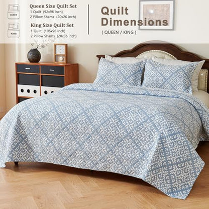 EVENHUG 100% Cotton Quilt Set King Size Bedding Sets with Pillow Shams Breathable Lightweight Bedspreads Coverlet for All Season 3 Piece (106"x96") - color: Blue White, size: King