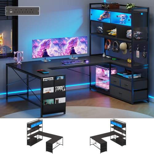Dnxao 65" Gaming Desk U Shaped with 3 Drawers and Pegboard, Black | Reversible Computer Desk with Power Outlets and LED Lights, Corner Desk with Pegboard and Hutch for Gamers - color: Black
