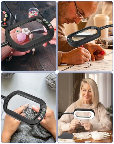 IVMAIE 12X Magnifying Glass with Light and Stand, Rectangular Glass Lens | 5 Color Modes LED Dimmable Lighted Desk Lamp, Flexible Gooseneck Hands Free Magnifier for Reading Crafts Repair Close Work - color: Black