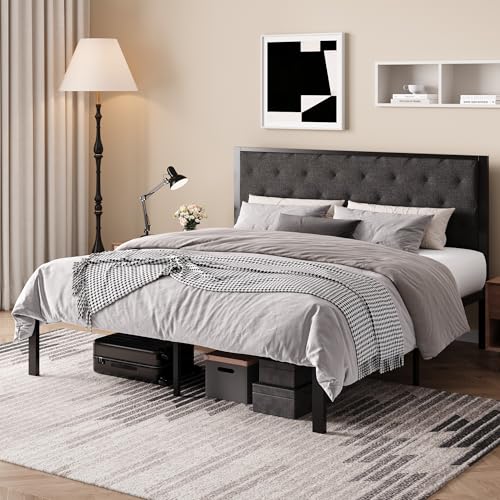 SHA CERLIN King Size Metal Bed Frame with Linen Tufted Headboard, Dark Gray | Modern Design Heavy-Duty Platform Bed, No Box Spring Need, Linen Fabric Upholstery, Noise Free, Easy Assembly - color: Dark Grey, size: King