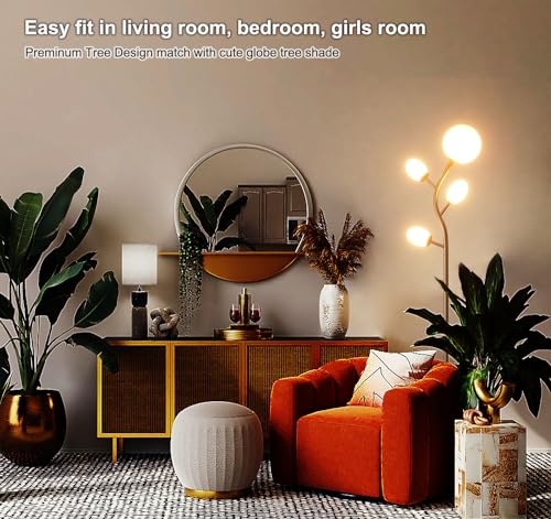 Fiqevs 4 Globe Floor Lamp for Living Room, Mid Modern Standing Tree Lamp | 3000K Warm Light, 4 LED Bulbs Included, Sphere Ball Frosted Glass Shade Tall Lamp for Bedroom/Office, Antique Brass/Gold - color: 4 Globe Tree- Gold