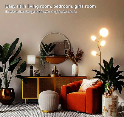 Fiqevs 4 Globe Floor Lamp for Living Room, Mid Modern Standing Tree Lamp | 3000K Warm Light, 4 LED Bulbs Included, Sphere Ball Frosted Glass Shade Tall Lamp for Bedroom/Office, Antique Brass/Gold - color: 4 Globe Tree- Gold
