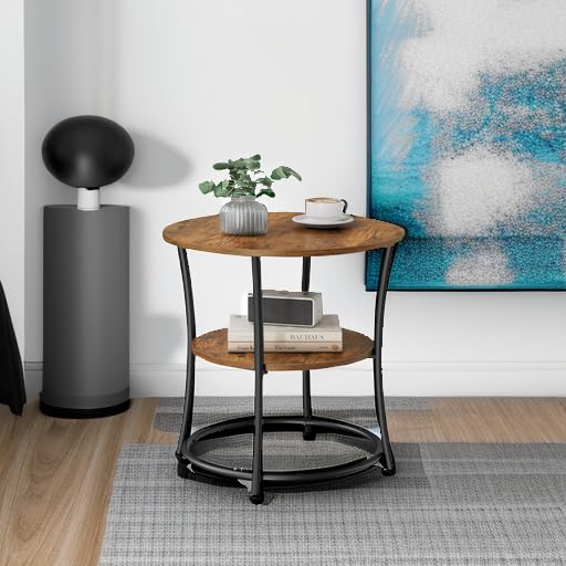 VASAGLE 21.7-Inch Round Side Table, 2-Tier End Table | Nightstand with Steel Frame, Spacious Top, for Small Spaces, Living Room, Bedroom, Rustic Brown and Ink Black ULET56BX - color: Rustic Brown + Ink Black, style: Without Power Strip
