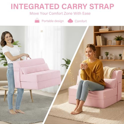 Convertible Folding Sofa Bed Mattress with Pillow & Side Pocket, Plush Fabric Floor Mattress Couch Bed, Washable Cover, Twin Size, Pink - color: Plush Pink, size: Twin Size