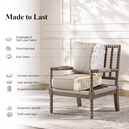 DUHOME Linen Fabric Spindle Accent Chair with Wood Frame,Modern Accent Chairs with Padded Spring Seat and Brushed White Base for Living Room Bedroom Farmhouse Home Office Belcony - color: Brown+cream, size: 1 pc