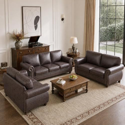 88"W Living Room Furniture Sets, 3-Seater&2 Loveseat, Brown | Faux Leather Fabric Sofa and Couch Sets, Mid-Century 3-Seater Sofa Set with Nailhead Trim - color: Brown, size: L-7 seat