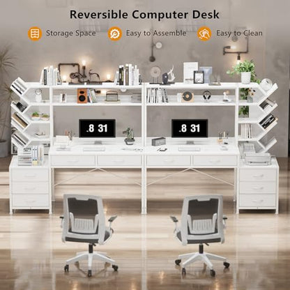 52" Computer Desk with Bookshelf, 5 Drawers ＆ Hutch for Bedroom | White Office Desk with Printer Shelf, Study Writing Desk with Storage Shelves - color: White