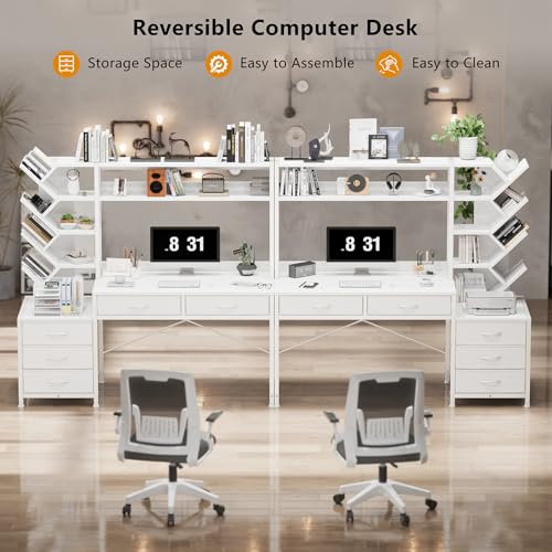 52" Computer Desk with Bookshelf, 5 Drawers ＆ Hutch for Bedroom | White Office Desk with Printer Shelf, Study Writing Desk with Storage Shelves - color: White