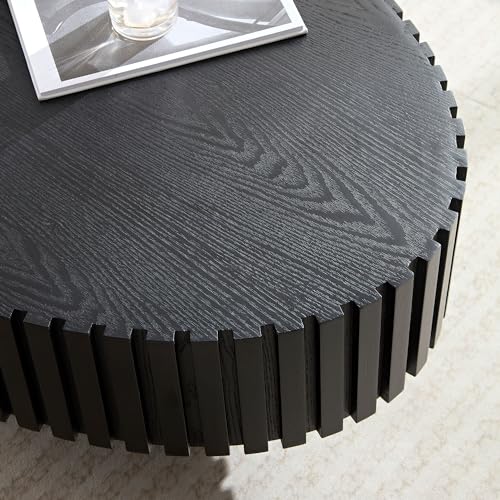 43.31'' Round Coffee Table for Living Room,Modern Handcraft Drum Coffee Table Wood Small Coffee Table with Sturdy Pedestal,Black - color: Black, size: 43.7"x24.8"x13.38"