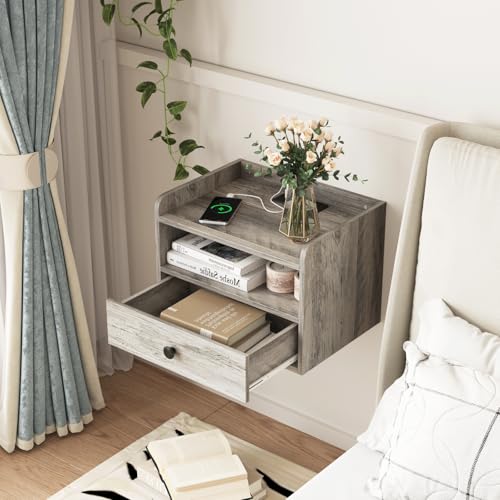 Floating Nightstand Set of 2 Modern Night Stands with Drawer and Open Shelf | Cubby Small Bedside End Table with Charging Station Wall Mounted Nightstands Set 2 for Bedroom Grey - color: Grey