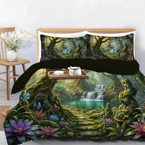 Soft Magical Forest Duvet Cover Queen,3D Printed Bedding Set 3 Pieces,Reversible ancient trees and mushrooms Duvet Cover Set with 2 Pillow Shams,Zipper Closure and 4 Ties,90 x 90 in,Emerald green - size: Queen（90 x 90 in ）