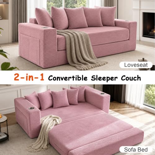 76" Convertible Sofa Bed, Corduroy Boneless Couch with Cup Holders & Pocket | 2-in-1 Sleeper Sofa, Pull-out Couch Bed with 5 Pillows, Living Room, Small Spaces, Bedroom, No Assembly - color: 76" Pink