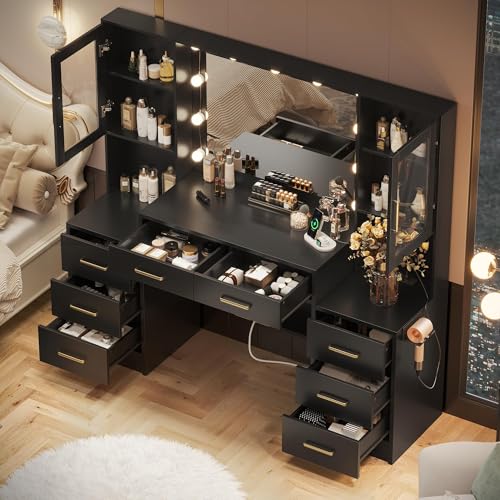 TOKSOM Black Vanity Desk with Mirror, Lights & Charging Station, 58.3" 3 Lighting Modes Makeup Desk with 8 Drawers, 2 Cabinets and Lots Storage, Dressing Table Vanity Set with Lighted Mirror - size: 58.3 inch, style: Modern Black