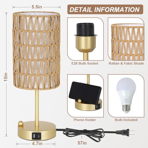 Gold Bedside Lamps Set of 2, Touch Control Night Stand Lamp for Bedroom with Rattan & Linen Shade & Bulbs, 3 Way Dimmable Small Boho Table Lamps with USB Charging Port & Phone Stand - color: Gold-2pack