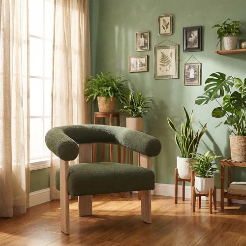 VKNOW Barrel Accent Chairs Set of 2 with Armrests and Rubberwood Legs | Mid Century Modern Upholstered Living Room Chairs with Open Back, Sherpa Fabric, arm chair for Living Room, Bedroom, Green - color: Green, size: Set of 2