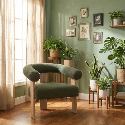 VKNOW Barrel Accent Chair, Vanity Chair with Armrests and Rubberwood Legs | Mid Century Modern Upholstered Living Room Chairs with Open Back, Sherpa Fabric, arm chair for Living Room, Bedroom, Green - color: Green, size: Set of 1