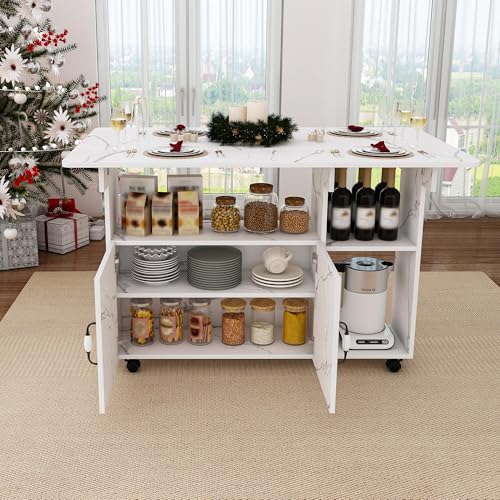 KEIKI 47 Inch Foldable Dining Table, Multi-Functional Folding Table with Storage Shelves and Wheels, Drop Leaf Extendable Dining Desk, Versatile Foldable Side Table for Kitchen, Dorm, Office, White - color: White