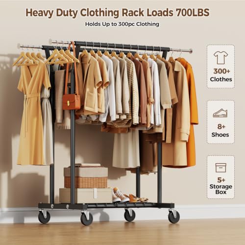 HYSEYY Heavy Duty Clothes Rack, Rolling Clothing Rack for Hanging Clothes with Shelves Load 700LBS,Portable Garment Wardrobe Closet Rack with Wheels for Bedroom,Laundry Room,Retail Store,Black - color: BLACK
