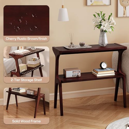 Solid Wood End Table | 2-Tier Side Table with Storage Shelf, Slim Table for Sofa, Living Room, Bedroom, Small Space, Easy Assembly, Burgundy - color: Burgundy