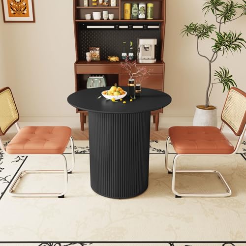 31.5" Round Dining Table for 2 People, Small Kitchen Dinner Table with Fluted Wood Base, Farmhouse Circle Dining Tables for Home, Kitchen, Dining Room, Living Room (Black) - color: Black