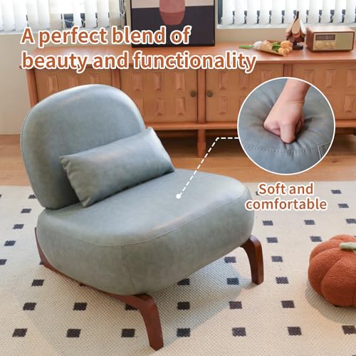 KEIKI Cute Comfy Accent Chair with Solid Wood Legs, Faux Leather Upholstered Single Sofa Chair for Living Room, Bedroom, Balcony, or Waiting Room, Cozy Armless Cloud Chair, Blue - color: Blue