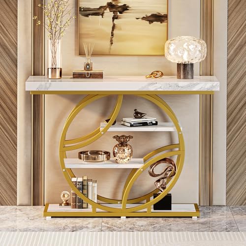 Huuger 41.3 Inch Entryway Table, Console Table with Shelves, Sofa Table | Entrance Table, Console Tables for Entryway, Hallway, Entrance, Foyer, Living Room, O-Shaped Hall Table, White Marble & Gold - color: Marble Gold, size: 11.8"D x 41.3"W x 31.5"H