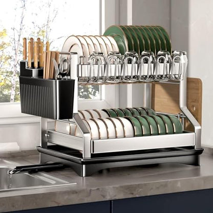 Fandian Dish Drying Rack 2 Tier Dish Racks for Kitchen Counter and Sink, Large Dish Drying Rack with Drainboard & Utensil Holders Stainless Steel Dish Drainers Kitchen Organization and Storage - color: White Dish Racks
