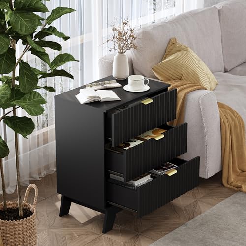 Black Night Stand with 3 Drawers, Bedside Table & End Table, 24" Wide Mid Century Modern Fluted Wood Nightstand with Metal Handles, Farmhouse Night Stands for Bedroom - color: Black, style: 3 Drawers