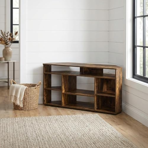 Furnifact Amber Pine Corner TV Stand for TVs up to 55 Inches, Rubberwood and Walnut Veneers, Solid and Manufactured Wood, Contemporary Design - color: Gold