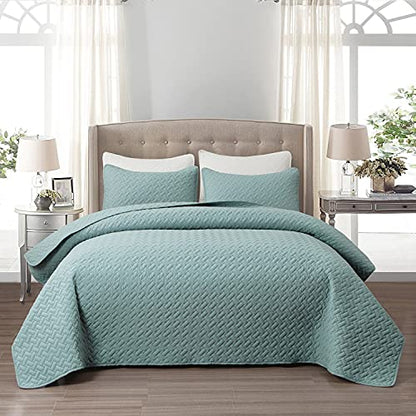 EMME Quilts Queen Size Bedding Sets, Lake Blue Bedspread Soft Lightweight Pre-Washed Quilt, 3 Piece Cozy Reversible Microfiber Coverlet with Pillow Sham (Basket Weave,90"x90") - color: 10-lake Blue (Basket Weave), size: Full/Queen(90" x 90")