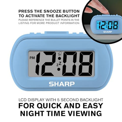 Sharp Battery Alarm Clock with Soft-Touch Case and Backlight, Light Blue | Soft-touch rubberized case; Battery operated; Blue backlight on demand; Ascending alarm; Snooze; Easy to use - color: Blue