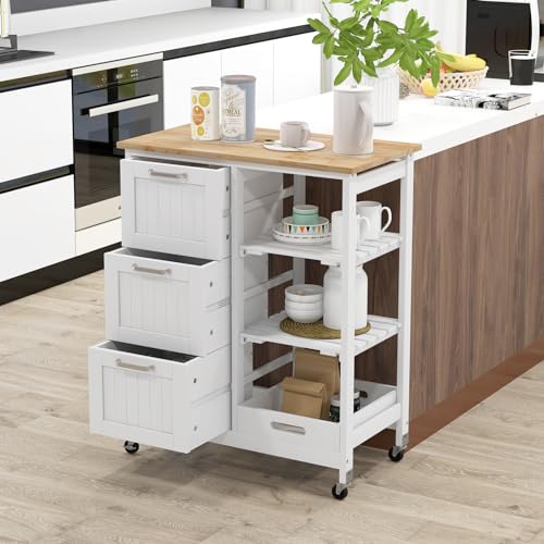 COSTWAY Kitchen Storage Island Cart on Wheels, Kitchen Rolling Trolley Cart | with 3 Drawers and Shelves, 360° Wheels & Detachable Tray, Kitchen Island for Dining Room, Living Room & Bedroom - color: White