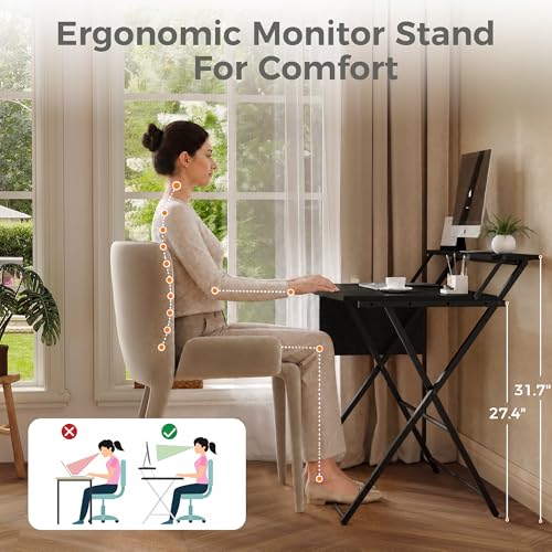 Small Desk No Assembly,31.5Inch 2-Tier Compact Computer Desk with Shelf & Side Pocket,Space Saving Foldable Table for Home Office, Bedroom or Apartment,Portable Collapsible Sturdy Laptop Desk,Black - color: Black