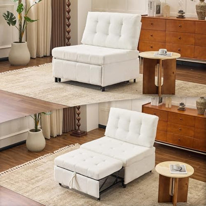 VINGLI Convertible Sofa Bed Tufted Teddy Fleece Sleeper Chair Bed Couch Armless Living Room Chairs with Adjustable Backrest Pull Out Couch Bed for Small Spaces - color: White