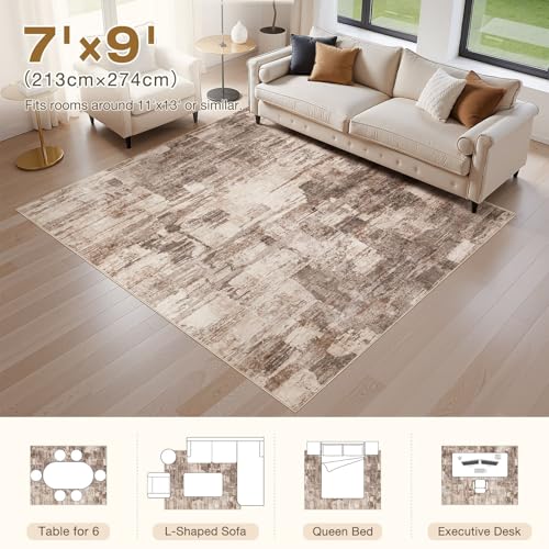 kakania Abstract 7x9 Area Rugs for Living Room: Washable Rugs Brown | Soft, Non-Slip, Low-Pile, Pet & Kid Friendly - Modern Home Decor Carpet for Bedroom/Dining Room/Office/Nursery - color: Brown, size: 7' x 9' (Rectangular)