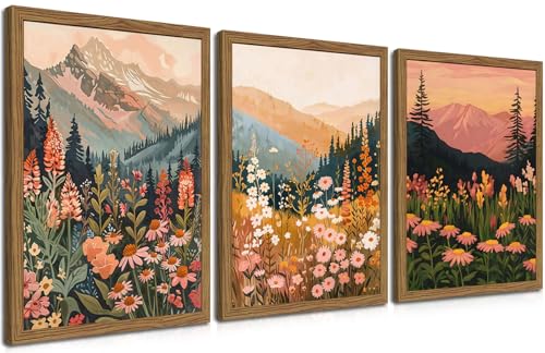 Boho Colorful Landscape Wall Art Set of 3, Vintage Wildflower Mountain Canvas Wall Decor Paintings, Rustic Nature Floral Pictures Prints for Living Room Bedroom 12x16 Inch Wood Framed - color: Colorful Wildflower, size: 16L" x 12W"