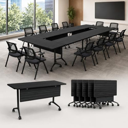 Folding Conference Table with Wheels, Flip Top Folding Conference Room Table for 2-12 Person, Mobile Training & Meeting Room Table, Modular Nesting Office Boardroom Desk with Lockable Casters - color: Ebony, size: 47.2in