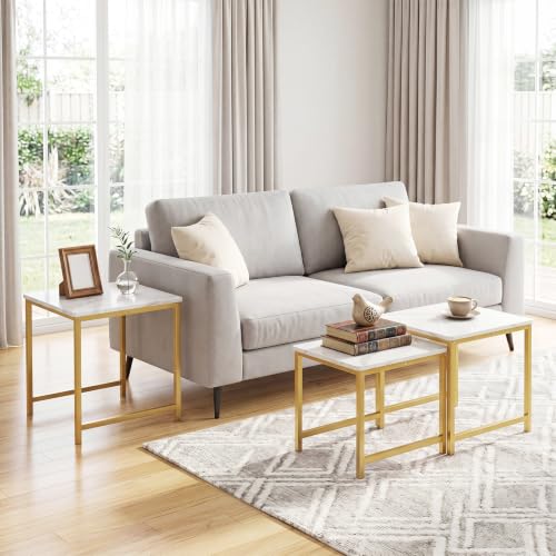 Giantex Nesting Coffee Table Set of 3, Small Center Tables, White | Faux Marble Coffee Table with Metal Frame, Space-Saving Stacking End Table for Small Space - color: White & Gold
