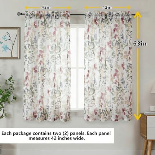 Crushed Sheer Curtains 63 Inch Length 2 Panels Set, Sheer Floral Curtians with Printed Leaves Design, Printing Drapes for Living Room, Rod Pocket Light Filtering Window Sheers Purple, 42"Wx63"L - color: Purple/Multi, size: 42"W x 63"L (Pack of 2)
