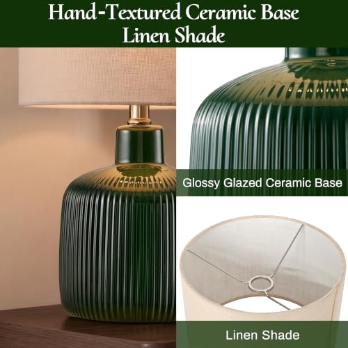 Glazed Ceramic Table Lamp, 17.5" Rustic Farmhouse Bedside Lamp with Beige Linen Shade, Warm Ambient Nightstand Lighting for Bedroom or Living Room, Dark Green Glossy