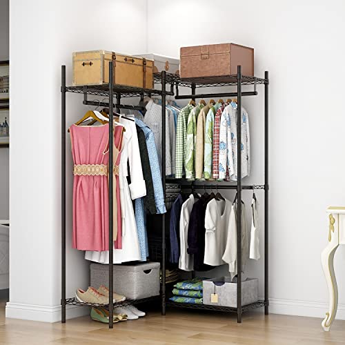 Xiofio Freestanding Heavy Duty Clothes Rack, Wire Clothing Rack with Hanging Rod,Adjustable Shelves & 2 Slid Fixed Baskets,60.7" L x 15.7" W x 75.6" H Max Load 720LBS,Black. - color: Black