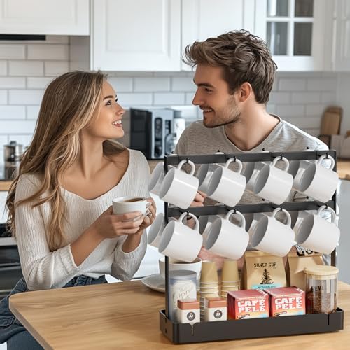 Coffee Mug Holder, 2 Tier Metal Mug Rack with 16 Movable Hooks | Extra Cup Holder for Countertop, Organize Coffee Mugs, Cups, Coffee Pods and Accessories for Kitchen, Coffee Bar, Office