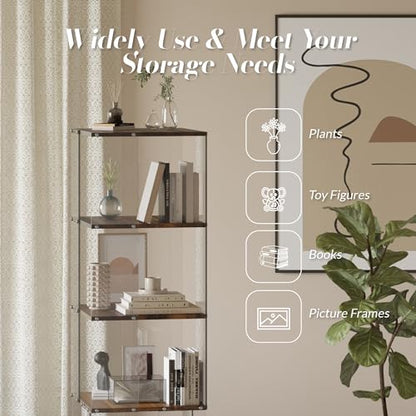 Acrylic Display Shelf with Wheel,4 Tier Bookshelf Storage Rack,Wood Shelves | Clear Acrylic Panels And Wood Shelves Create An Elegant Display Space For Books, Collectibles, Plants And Home Decor. - size: 4-Tier
