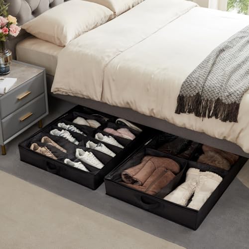 Lifewit Under Bed Shoe Storage Organizer 1 Pack(16 Shoes Cells+4 Boots Cells), 4.3 Inches Profile Fabric Shoes Container Box with Clear Cover, Foldable Storage Bag with 2 Handles, Fits 12 to 20 Pairs - style: 16 Shoes Cells+4 Boots Cells