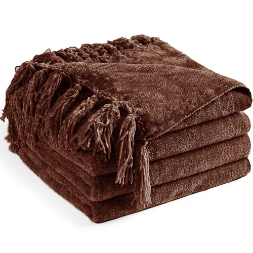Chenille Throw Blanket for Couch 60" x 80" Twin, Dark Brown | Soft Cozy Warm Throws with Fringe Tassel Living Room Bed Sofa Chair Cover, Lightweight Knitted Boho Blankets Fall Decor - color: Dark Brown, size: 60x80 inch
