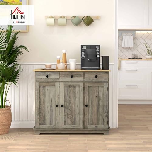 HOMCOM Sideboard Buffet Cabinet Solid Wood Countertop Distressed Gray | Modern Kitchen Storage, Coffee Bar Cabinet, 3 Drawers, Doors, Adjustable Shelf - color: Distressed Gray, size: 39.75" x 15.75" x 33.5"