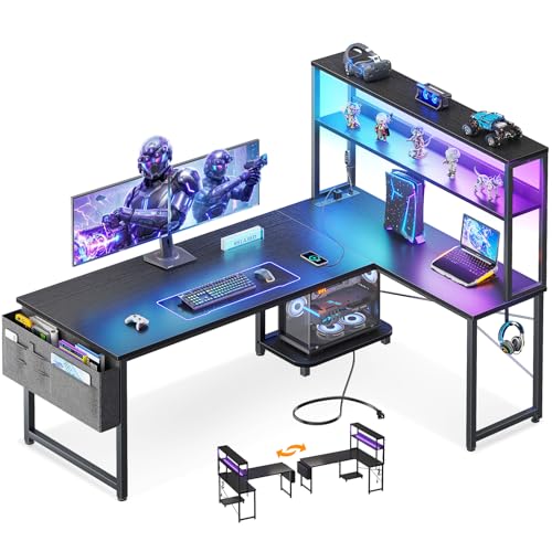 ODK 53" L Shaped Gaming Desk with Shelves, LED & Outlets, Black | Hook for headset, bag for gear. Shelves for books & supplies. LED for gaming nights. Reversible. Home office computer desk. - color: Black, size: 53 Inch