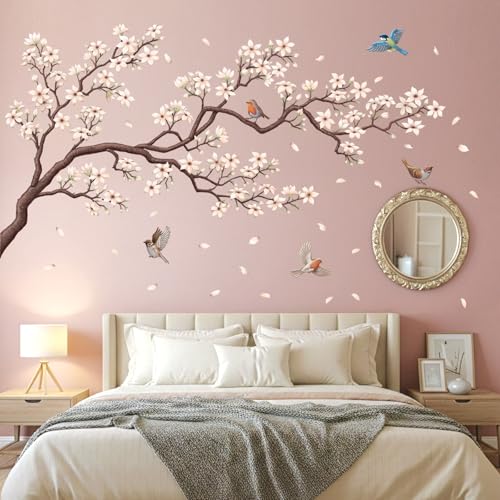DECOWALL SG2-2424 White Cherry Blossom Branch Wall Decal Stickers 45.8"x24.3" Removable DIY Romantic Tree Murals Peel and Stick Art Home Decor for Girls Bedroom Nursery Rooms Living - color: White Cherry Blossom(left)